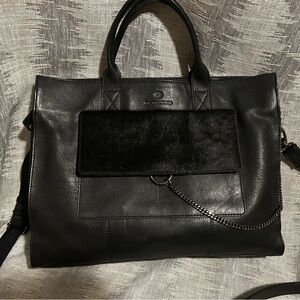 Black Leather Tote with Front Flap and Chain Detail
